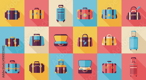 A vibrant collection of flat design luggage and suitcases in various colors and styles, arranged in a grid pattern, evoking a sense of travel and adventure