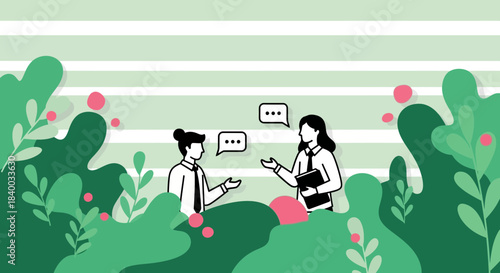 Two professionals engage in a discussion amidst lush green foliage and abstract background elements, symbolizing collaboration and communication in a business setting