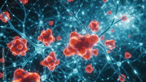 Neural network glowing with floating red molecules showing cell activity science concept body stiffness rare disease