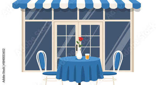 A charming cafe with a blue awning, a round table set for two with a vase of red roses and a drink, and two chairs on a white background