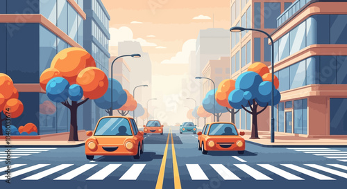 A vibrant cartoon illustration depicts a city street scene with orange cars driving on a road with a crosswalk, flanked by modern buildings and stylized trees under a soft sky