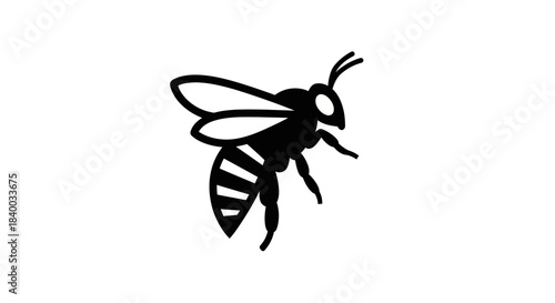 A stylized black silhouette of a bee in flight, isolated on a clean white background, perfect for logos and naturethemed designs