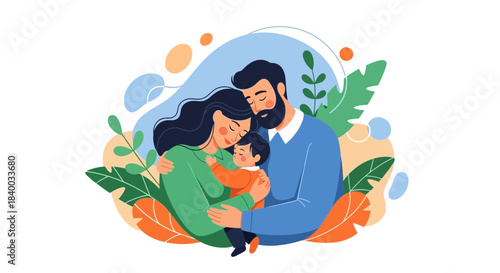 A loving family shares a tender embrace, with parents holding their child close in a heartwarming display of affection and unity