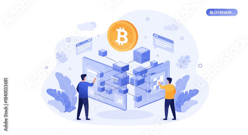 Two people interact with a digital interface displaying blockchain technology and bitcoin, symbolizing cryptocurrency and financial innovation