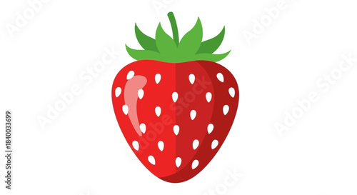 A vibrant red strawberry with green leaves and white seeds, isolated on a clean white background, representing fresh and healthy fruit