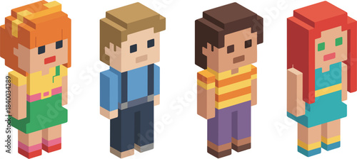 Set of four colorful isometric voxel art block characters, pixelated 3D people standing in different clothes, digital game mascot vector collection