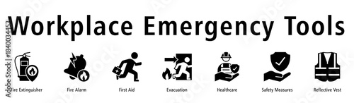 Workplace Emergency Tools banner showing Fire Extinguisher, Fire Alarm, First Aid, Evacuation, Healthcare, Measures, and Vest.