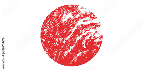 Japanese flag symbol of rising sun. Red circle in grunge style on white background.