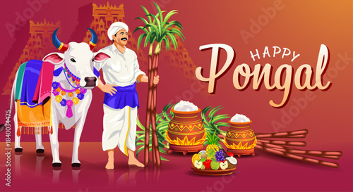 Pongal Festival Illustration with Indian Man, Decorated Cow, Clay Pot, Sugarcane, and Traditional Harvest Setup. Indian Harvest Festival Poster Design Vector Illustration 