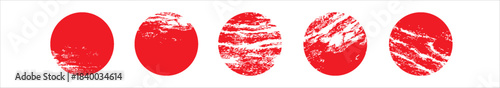 Set of vector red brush circles. Rough textured hand painted Japanese flag. Sponge stamp grungy red ink blobs, splashes. Symbol of sun, calligraphy art. eps 10