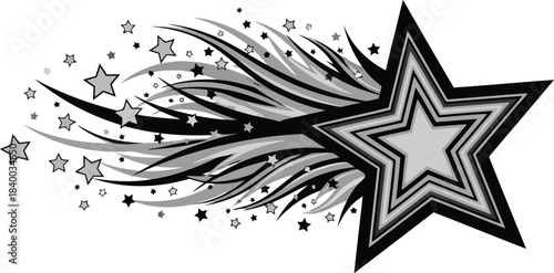 Black and gray starburst with scattered stars graphic