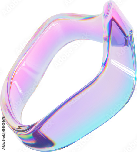 3D Colorful Glass abstract ribbon shape element. Glossy iridescent geometric form. Crystal glass illustration with gradient dispersion effect