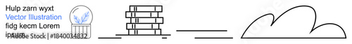 Education, creativity, minimalism, conceptual design, print media, digital content. Line drawing of books, cloud and random text. Education and creativity through minimalist elements