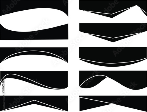 These are abstract, geometric design elements. 
The collection features various curve and wave shapes. 
They are intended for use as modern separators, borders, headers, and footers for websites, apps