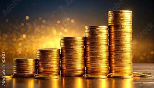 Five ascending stacks of gold coins with sparkling golden background symbolizing financial growth and prosperity