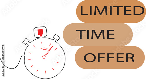 Classic stopwatch next to a bright teal banner with the text limited time offer isolated on transparent background
The offer is only valid for a restricted duration.
A stopwatch is used to visually em