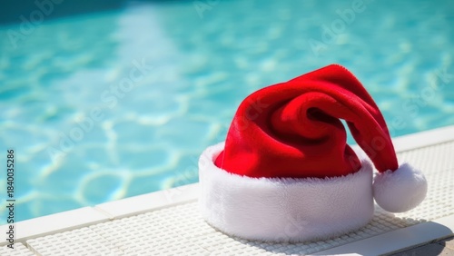 Santa Claus hat near swimming pool
