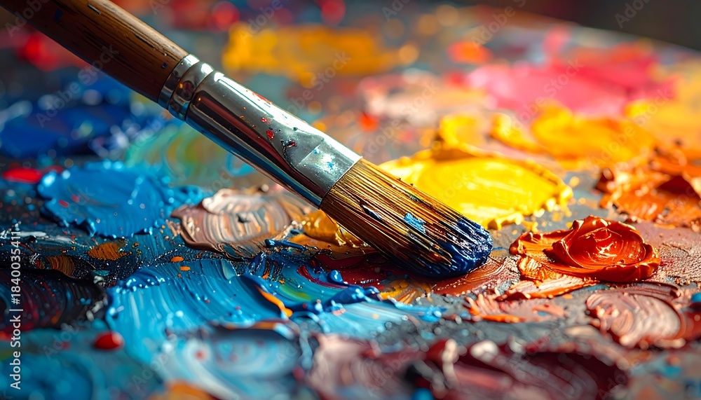Obraz premium Close-up on a paintbrush loaded with dark blue paint sitting on a colorful, textured artist's palette