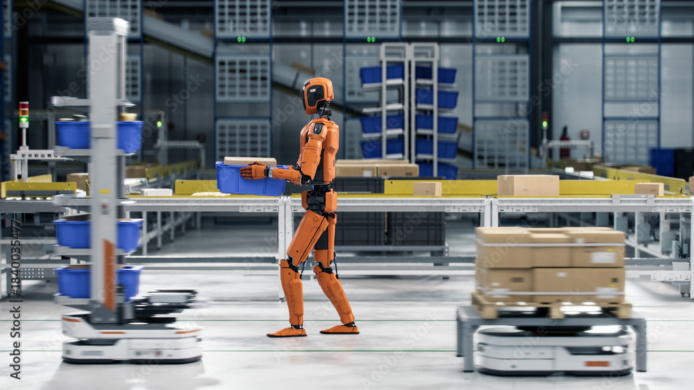Obraz premium 3D Render: Side view of Industrial Autonomous AI Enabled General Purpose Humanoid Robot Carrying a Package at Automated Distribution Warehouse. Industrial Automation with Artificial Intelligence
