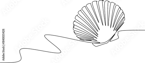 Continuous one-line drawing of a scallop seashell resting on the sand or a stylized beach wave.