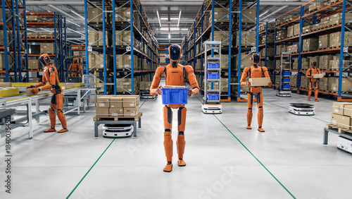 Fotografie 3D Render: Industrial Autonomous AI-Enabled General Purpose Humanoid Robots Working at Distribution Center