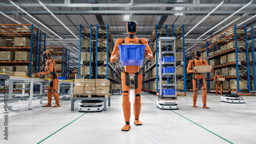 3D Render: Portrait of  Autonomous AI-Powered General Purpose Humanoid Robots Working at Distribution Center. Automated Fulfillment Warehouse. Industrial Automation with Artificial Intelligence