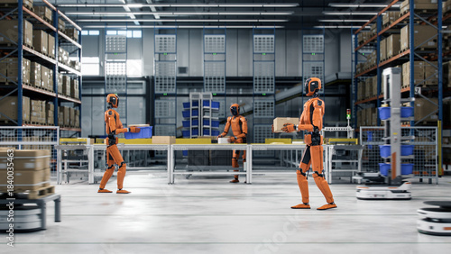 Bild auf Leinwand 3D Render: Industrial Autonomous AI-Powered General Purpose Humanoid Robots Working at Fulfillment Center