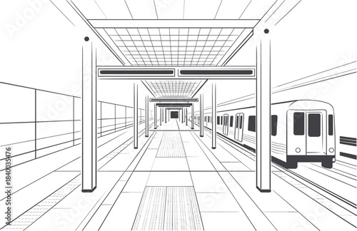 Black and white line drawing of a modern subway station platform, train pulling into the tunnel, public transportation illustration, perspective sketch