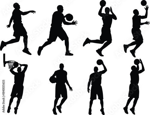 Dynamic Basketball Player Silhouette Vector Set Featuring Eight Male Athletes in Various Action Poses: Jumping, Shooting, Dribbling, Dunking, and Playing the Sport Game on a White Background.