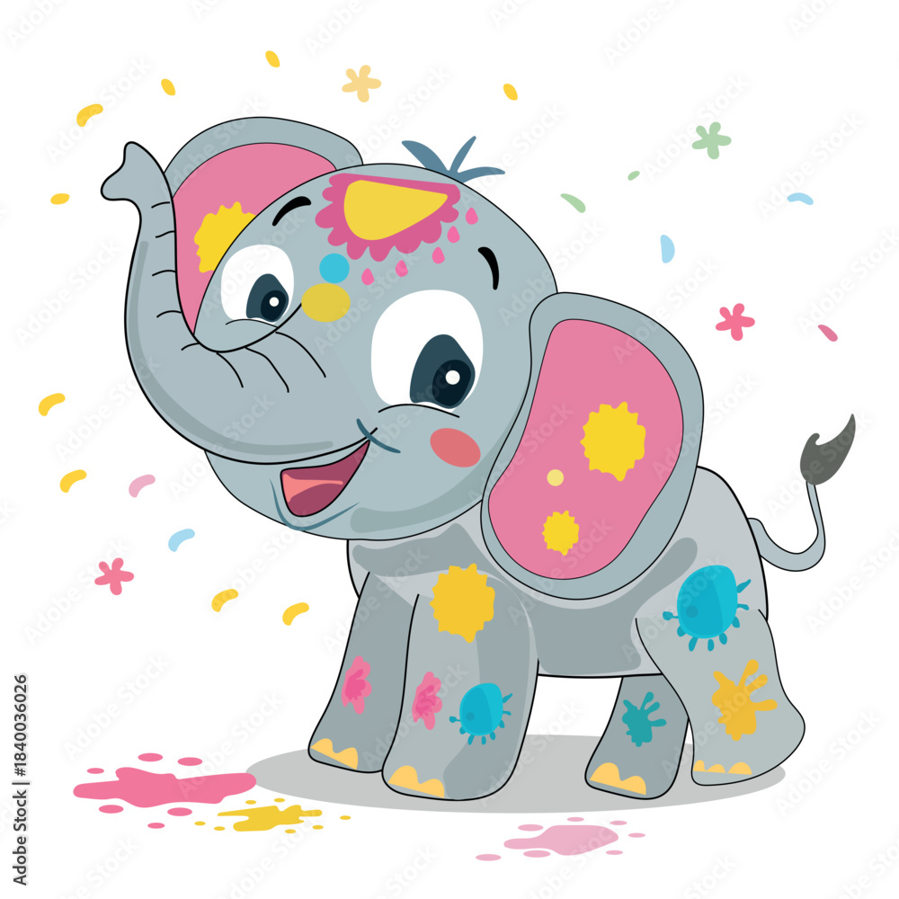 Fototapeta premium Holi cartoon elephant smiling with colorful splash patterns