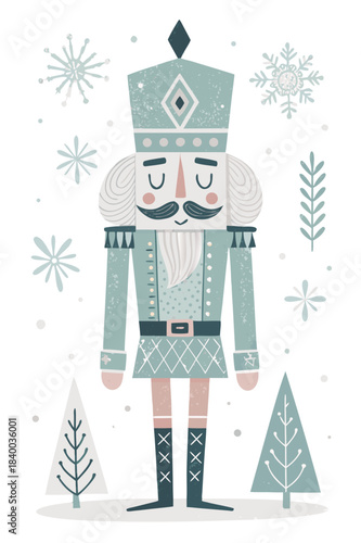 minimal nutcracker figure, ultra simplified shapes, geometric body, soft muted holiday colors, clean flat scandi style, isolated on pure white background, vector illustration
