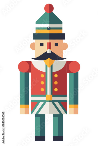 minimal nutcracker figure, ultra simplified shapes, geometric body, soft muted holiday colors, clean flat scandi style, isolated on pure white background, vector illustration
