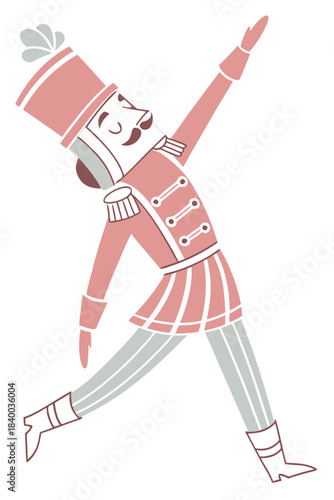 minimal nutcracker figure, ultra simplified shapes, geometric body, soft muted holiday colors, clean flat scandi style, isolated on pure white background, vector illustration
