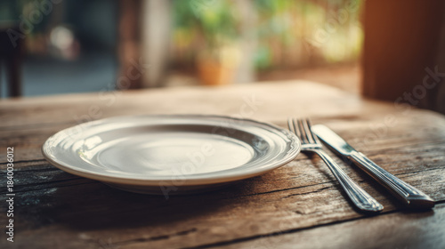 Empty plate and silverware on an old wooden table. Concept of poverty, hunger, and food insecurity for social issues illustration.