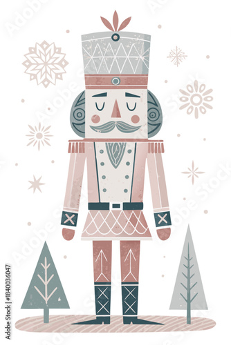 minimal nutcracker figure, ultra simplified shapes, geometric body, soft muted holiday colors, clean flat scandi style, isolated on pure white background, vector illustration

