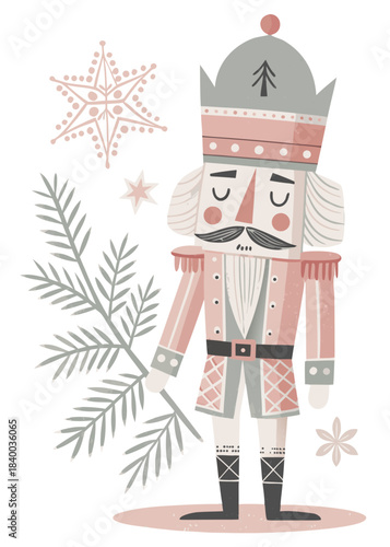 minimal nutcracker figure, ultra simplified shapes, geometric body, soft muted holiday colors, clean flat scandi style, isolated on pure white background, vector illustration
