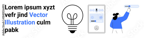 Smart home technology, home automation, energy efficiency, climate control, innovation, modern living. Light bulb, automation panel person adjusting settings. Smart home technology and home