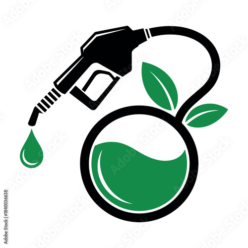 Illustration of a fuel pump nozzle with a green drop and a plant inside a circle