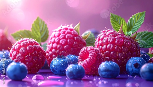 Close-up of juicy raspberries, blueberries, and mint on a shiny purple surface with a bokeh pink background
