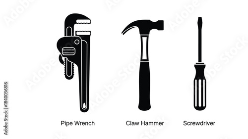 Three essential hand tools a pipe wrench claw hammer and screwdriver