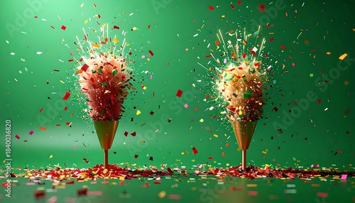 Colorful confetti explodes from two golden cone-shaped objects against a vibrant green backdrop, creating festive energy