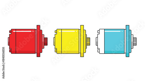 Colorful cylindrical objects in red yellow and blue arranged in a row