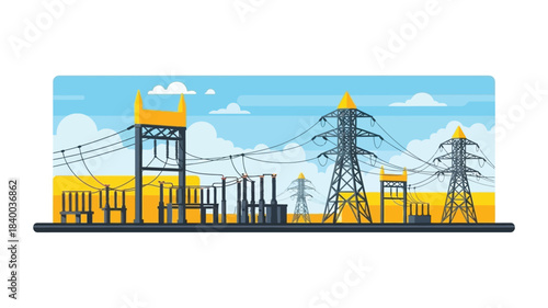 Illustration of high voltage power lines substations and electrical infrastructure