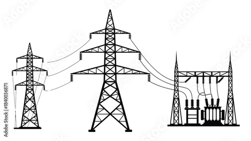 Simple black and white illustration of electrical power transmission towers and substation