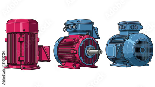 Detailed illustration of three industrial electric motors in varying designs