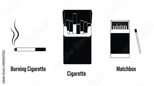 Simple black and white illustration of burning cigarette matchbox and matches