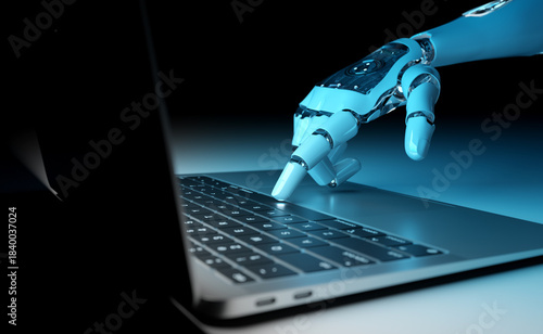 Robot using a laptop. Cyborg hand pressing a keyboard with his finger. 3D rendering