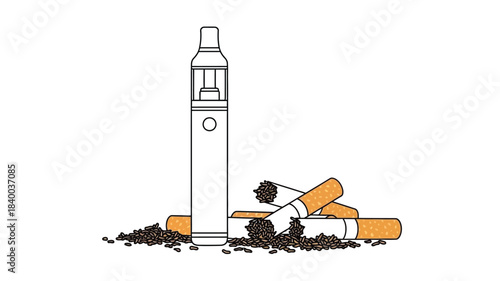 Vaping device and discarded cigarettes illustrate the transition from smoking