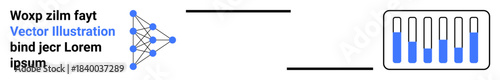 Neural network framework analyzing data through connected nodes with output bars showing representation. Ideal for AI, machine learning, data science, technology, education, research, simple landing