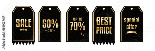 Elegant black and gold sale tags with luxury metallic accents. Stylish discount labels for fashion promotions, marketing materials, online shops, exclusive offers, branding visuals and modern retail d